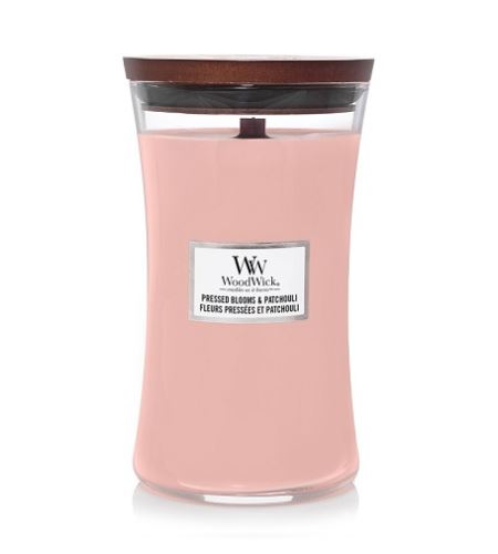 WoodWick Pressed Blooms & Patchouli mirisna svijeća s drvenim fitiljem 609,5 g
