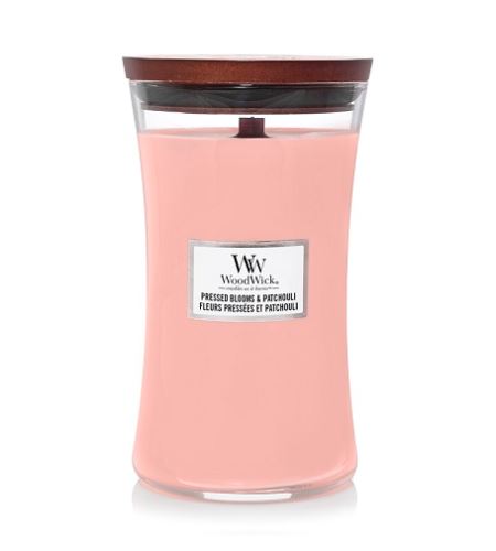 WoodWick Pressed Blooms & Patchouli mirisna svijeća s drvenim fitiljem 609,5 g