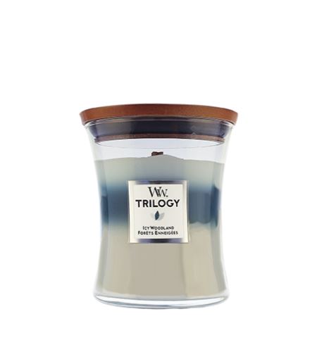 WoodWick Trilogy Icy Woodland mirisna svijeća s drvenim fitiljem 275 g