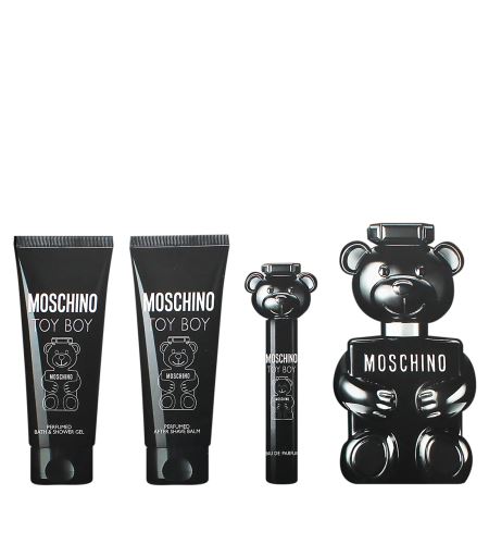 Moschino Toy Boy lak za kosu za dugotrajan učinak za muškarce parfémovaná voda 100 ml + balzám po holení 100 ml + sprchový gel 100 ml + parfémovaná voda 10 ml