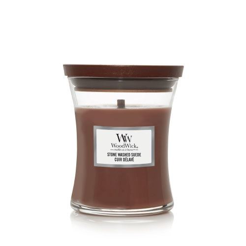 WoodWick Stone Washed Suede mirisna svijeća s drvenim fitiljem 275 g