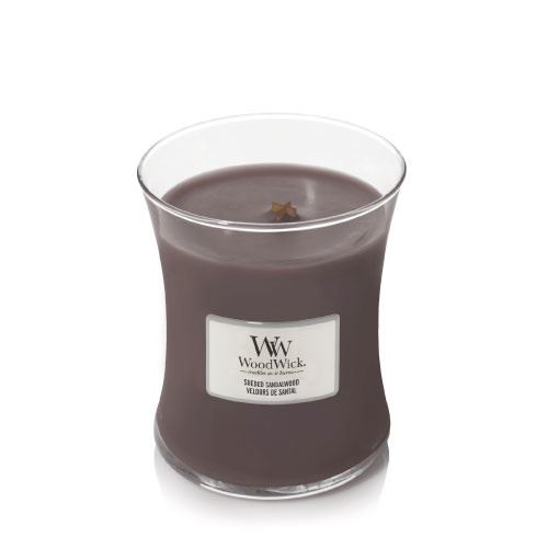 WoodWick Sueded Sandalwood mirisna svijeća s drvenim fitiljem 275 g